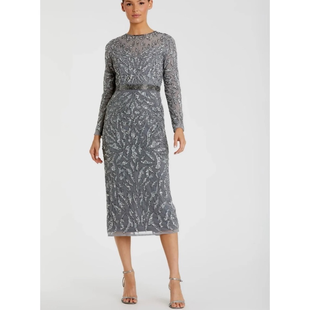 Mac Duggal platinum Embellished Illusion Sheath Sequin Midi Dress NEW
